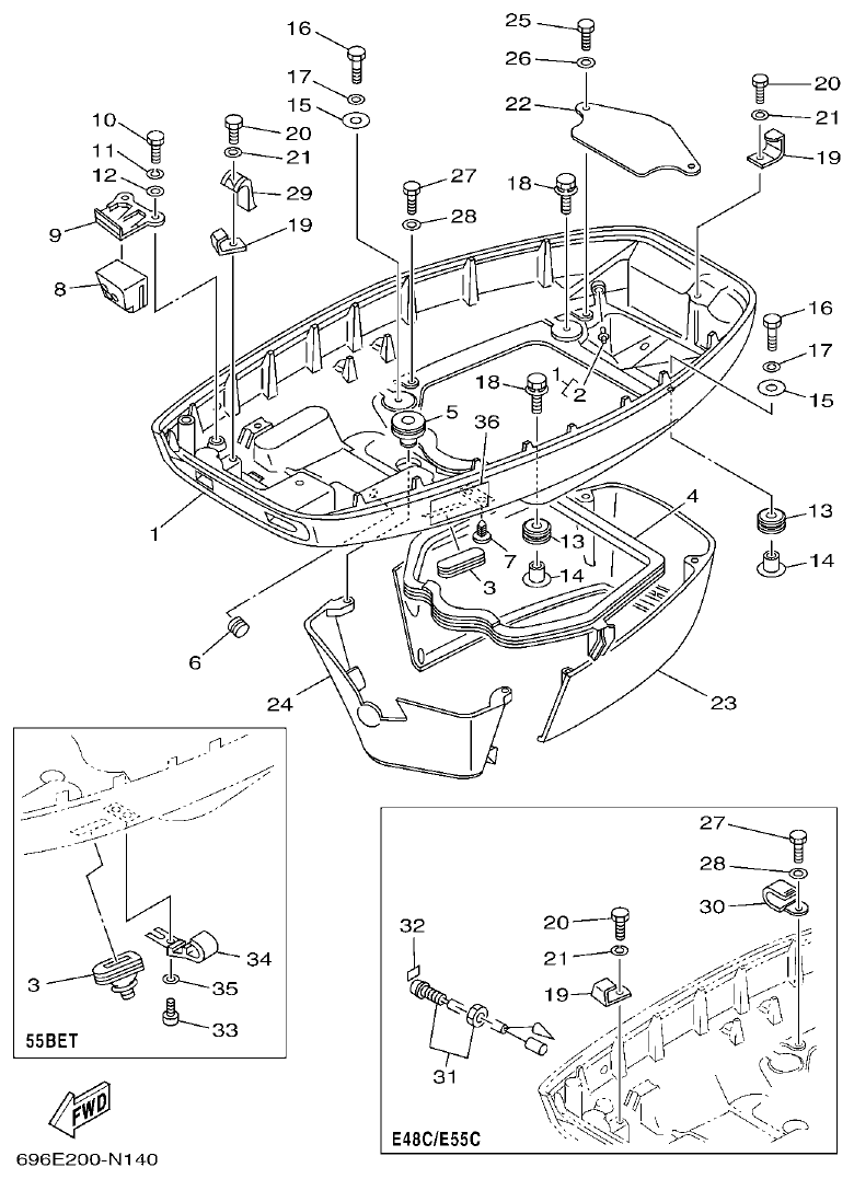Yamaha E48C, E55C, 55B, E48CMH, E55CMH BOTTOM COWLING parts diagram